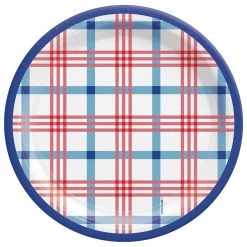 Cheapest 🥰 7" 🌞 Summer Block Party Plaid Melamine Platter Plates, 80ct. by Amscan ⭐